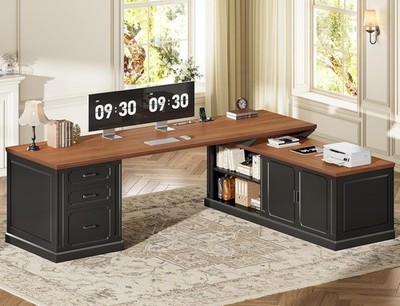 Farmhouse L Shaped Desk with Drawers 70.9'' Home Office Desk with Storage Cabinet