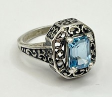 Vintage Filigree Blue Topaz Ring Sterling Silver 925 Size 5.75