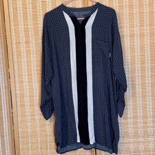 DKNY Navy Blue Polka Dot Dress Long Sleeve Stripe Accent Size L Boho Artsy