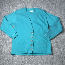 Vtg LL Bean Teal Cardigan V-neck Pockets Cotton Made USA Sweater Womens M