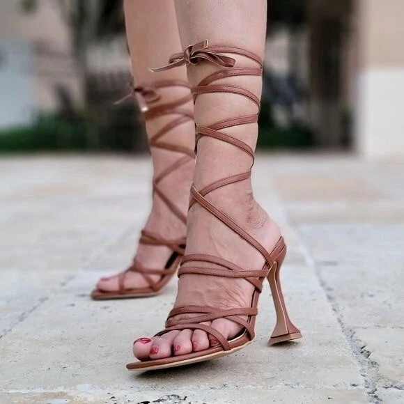 Women's Brown Strappy Pyramid Heel Gladiator Sandals - Image 3 of 4