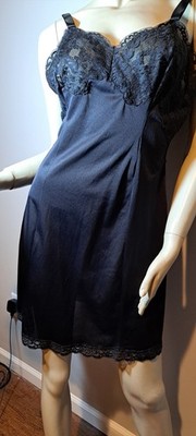 Vtg Black Sexy Full Slip Wondermaid Elegant  Beautiful Lace 36 Night Dress 