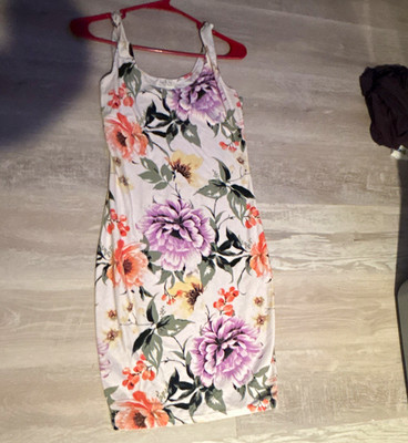 Jolie & Joy Floral Bodycon Midi Dress M Sleeveless Round Neck White Purple