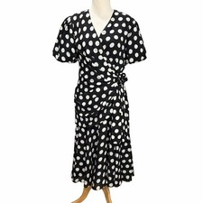 Vintage 80s Liz Roberts Wrap Dress Womens 8 Black White Polka Dots Classic Retro