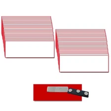 50 BLANK 1 1/4 X 3 WHITE / RED NAME BADGES KIT (U) TAGS BEVELED & CLEAR LABELS 