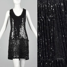 Small 1980s Black Sequin Dress Vintage Beaded Shift VTG LBD Cocktail 80s Flapper