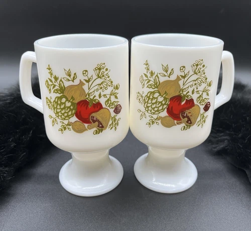 Pair of Vintage Corning Ware Spice of Life Milk Glass Pedestal Mugs / Cup