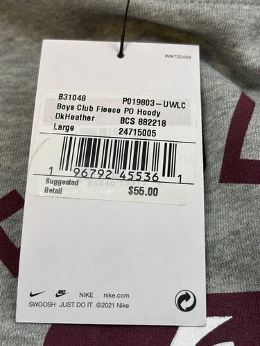 University of Wisconsin La Crosse UWL Eagles Nike Boys Club Fleece Hoodie L - Picture 9 of 15