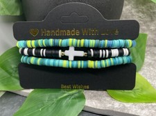 3 PC Set Heishi 7  Plus Stretch Bracelet Polymer Clay Beads Cross B3495