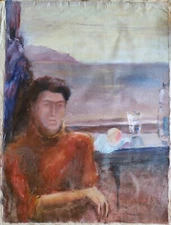 Ukrainian Oil Painting impressionism in train traveller portrait 