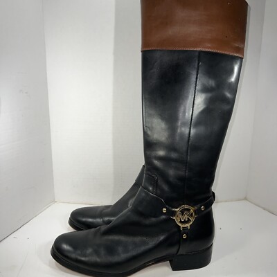 Michael Kors Womens Leather Fulton Harness Riding Boots Black Brown Sz 10