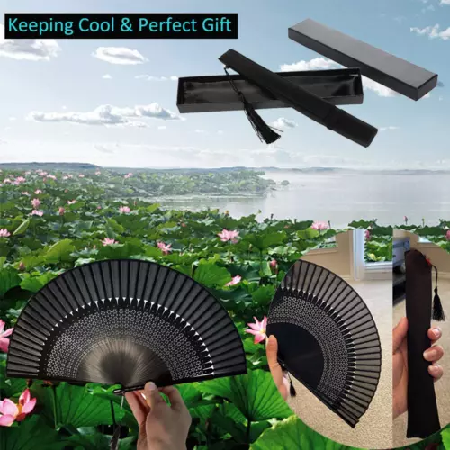 21cm Bamboo&Cloth Retro Folding Fan Black Japanese Vintage Hand Fan Handmade HOT - Picture 9 of 9