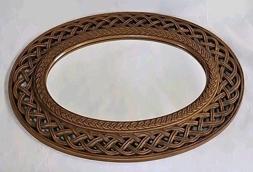 Vtg MCM Homco Dart Burwood Faux Wood Rattan Oval Mirror Brown #2384 Retro #1 - Picture 4 of 8