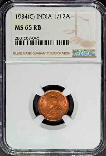 India British 1934(C) Mint 1/12 Anna NGC MS65 RB Certified (4 Graded Higher)