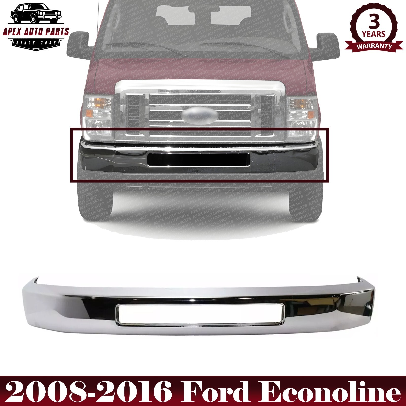 Front Chrome Bumper Steel Face Bar Replacement for 2008 - 2016 Ford Econoline