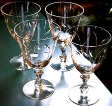 Vtg Set 4 Tiffin Franciscan 'ALWAYS' Water Goblets CUT LEAVES Fancy Stem 10 oz