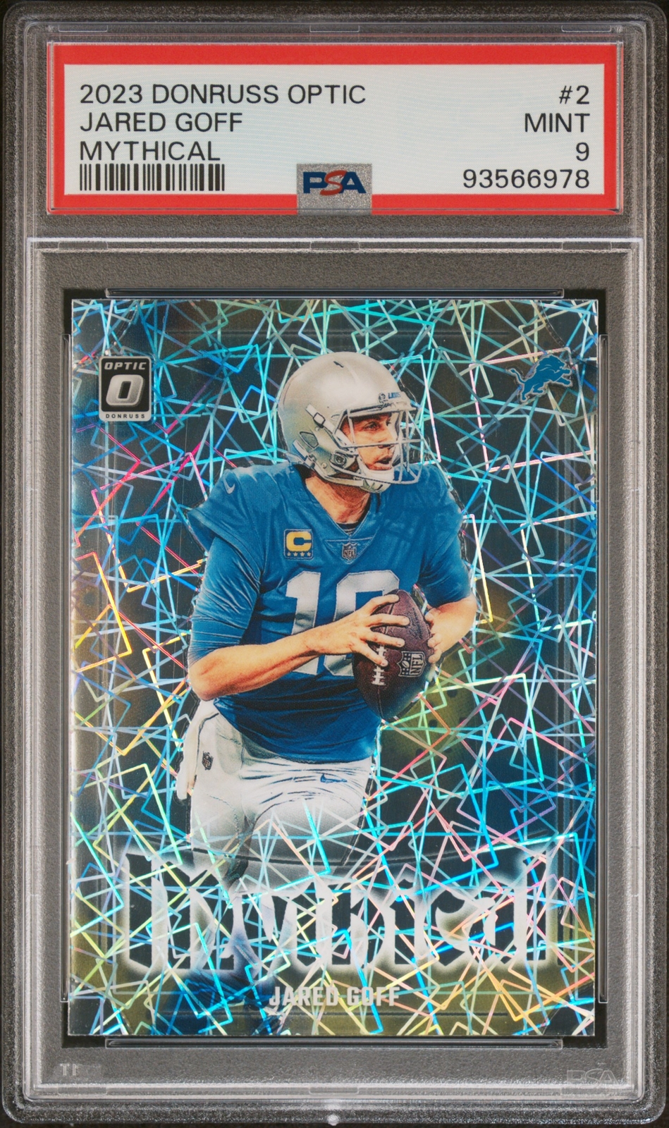 2023 Panini Donruss Optic Mythical Prizm SSP CASE HIT Jared Goff PSA 9