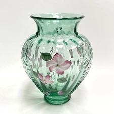 1991 Fenton Hand Painted Vining Garden Sea Mist Green Vase Signed A Meeks 9.75"