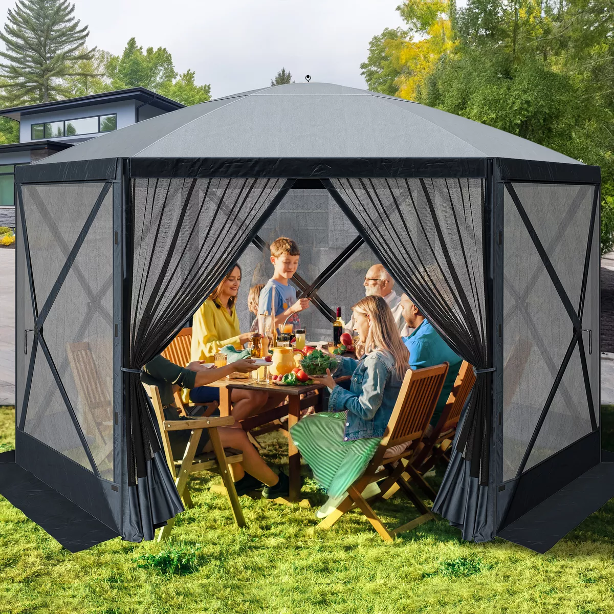 Pop-up Camping Canopy Camping Gazebo Shelter Sun Shade 6 Sided Portable  11.5 ft