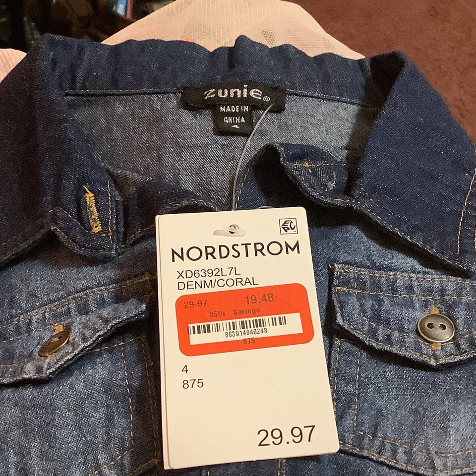 VESTIDO V-ZUNIE NIÑAS MANGA GORRA DENIM TOP CORAL INFERIOR FORRADO Talla 4 NUEVO CON ETIQUETAS Foto 2 de 4