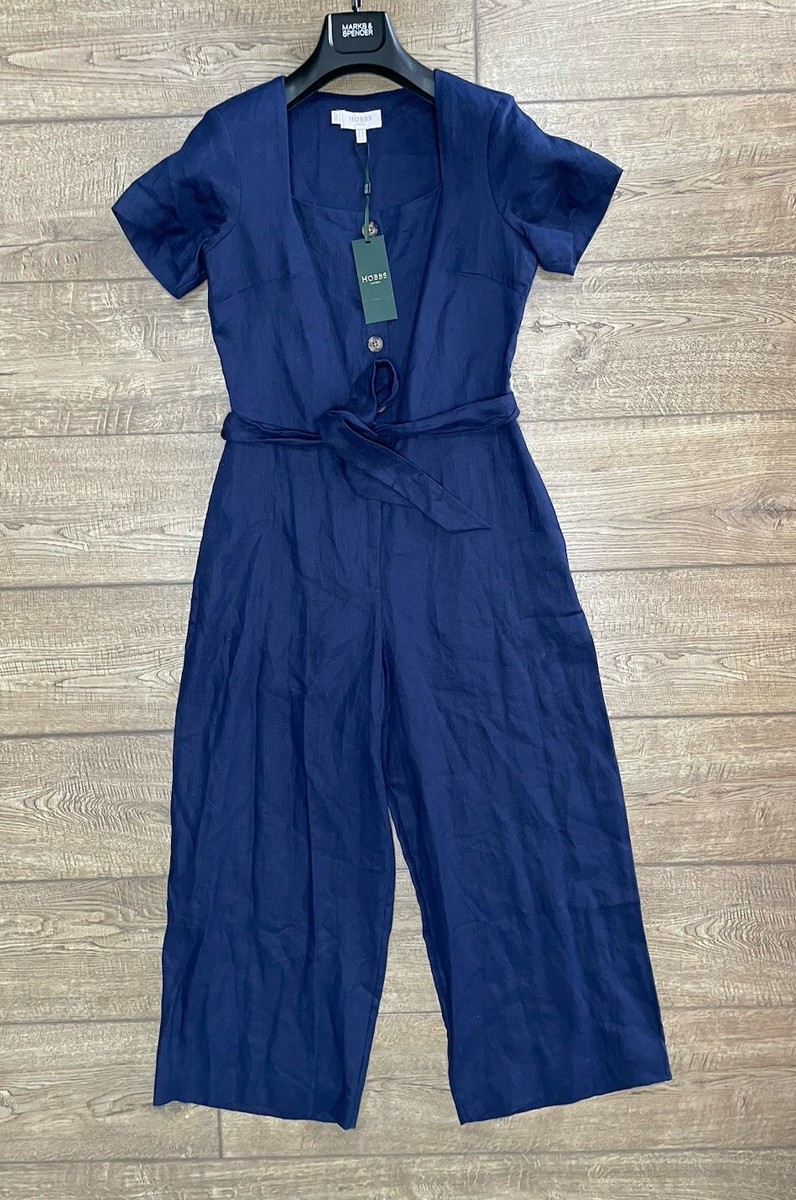 Hobbs Women's Short Sleeve Wide Leg Belted Jumpsuit Navy Linen UK8