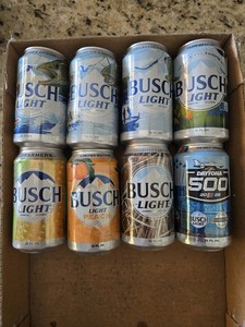 Eight Diff. Busch Light Beer Cans Farm Rescue, Peach, Daytona, Camo, fish Cans