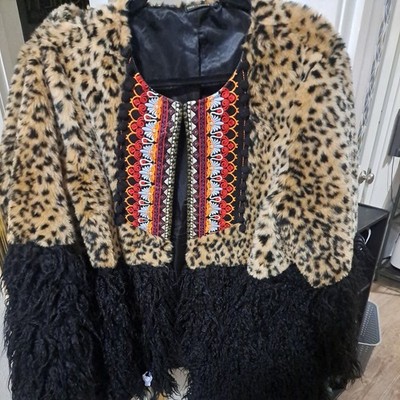 COCO + CARMEN Shag Faux Fur Coat  L/XL Womens Boho Embroidered Peacoat Cheetah