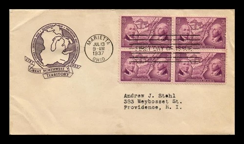 US COVER FIRST DAY OF ISSUE BLOCK OF 4 ORDINANCE OF 1787 NORTHWEST TERRITORY