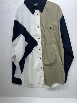 New Men s Navy White Tan Cowboy Threads Button Up Long Sleeve Shirt Medium I-53