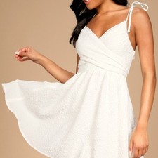 NWT Lulus Shoulder Tie Skater Mini Dress Medium White Bridal Shower Bachelorette