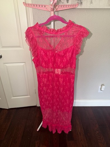 endless rose Women's Pink Lace Ruffle Detail Midi Dress