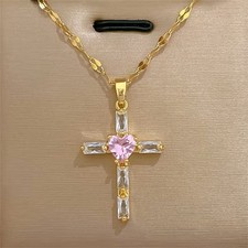 Gold Tone Cross Necklace Pink Heart Crystal Pendant Faith Christian Jewelry Gift