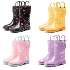 Kids Boys Girls Waterproof Pull-on Handles Rain Boots Rainy Day Walking Shoes