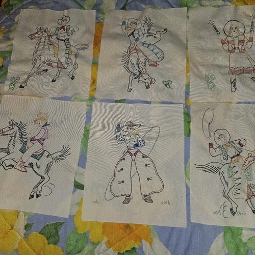 Lot Of 6 VTG Hand Embroidered Rodeo Themed Quilt Blocks 12" X 10" Wide (D)
