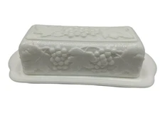 Imperial Vintage Milk Glass Grape Pattern Butter Dish 2 Piece MCM Collectible