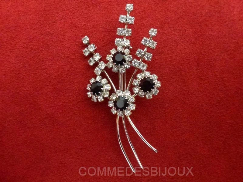 Broche fleur gerbe vintage en métal rhodié et cristaux noirs