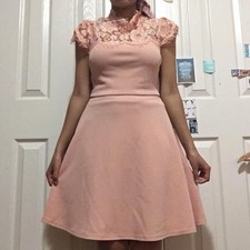 Pink Lace Skater Dress -  Womens Size S - Blush Pink High Neck Elegant