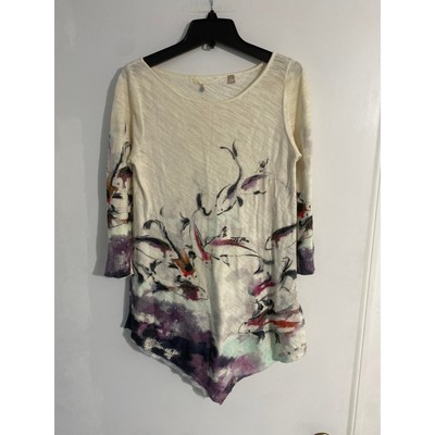 Knitted & Knotted sweater women s size XS cream abstract print asymmetrical art 
