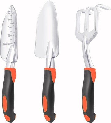 3 Pack Heavy Duty Garden Tools Set Shovel Trowel Hand Rake Orange Ergonomic