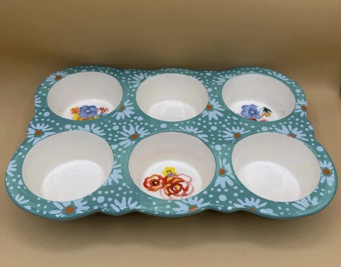 Pioneer Woman Ceramic Stoneware Muffin Pan Flea Market Teal Blue Floral EUC