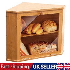 Corner Bamboo Bread Bin Double Layer Kitchen 2 Tiers Storage Box Food Container