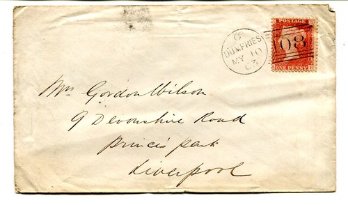 GB 1863 1d. red star used on cover “DUMFRIES - 108” duplex to Liverpool