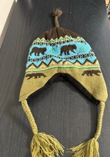 Alaska Polarwear Grizzly Bear Design Knitted Cap Beanie with Earflaps One Size