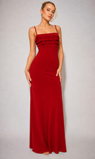 Long Red Thin Strap Party Dress Built-in Bra Pleated Bodice Washable Size 10