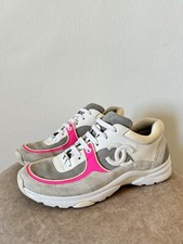 Authentic Chanel Fluo Pink Gray Suede Leather CC Logo Sneakers Sz EU 39,5 US 9,5