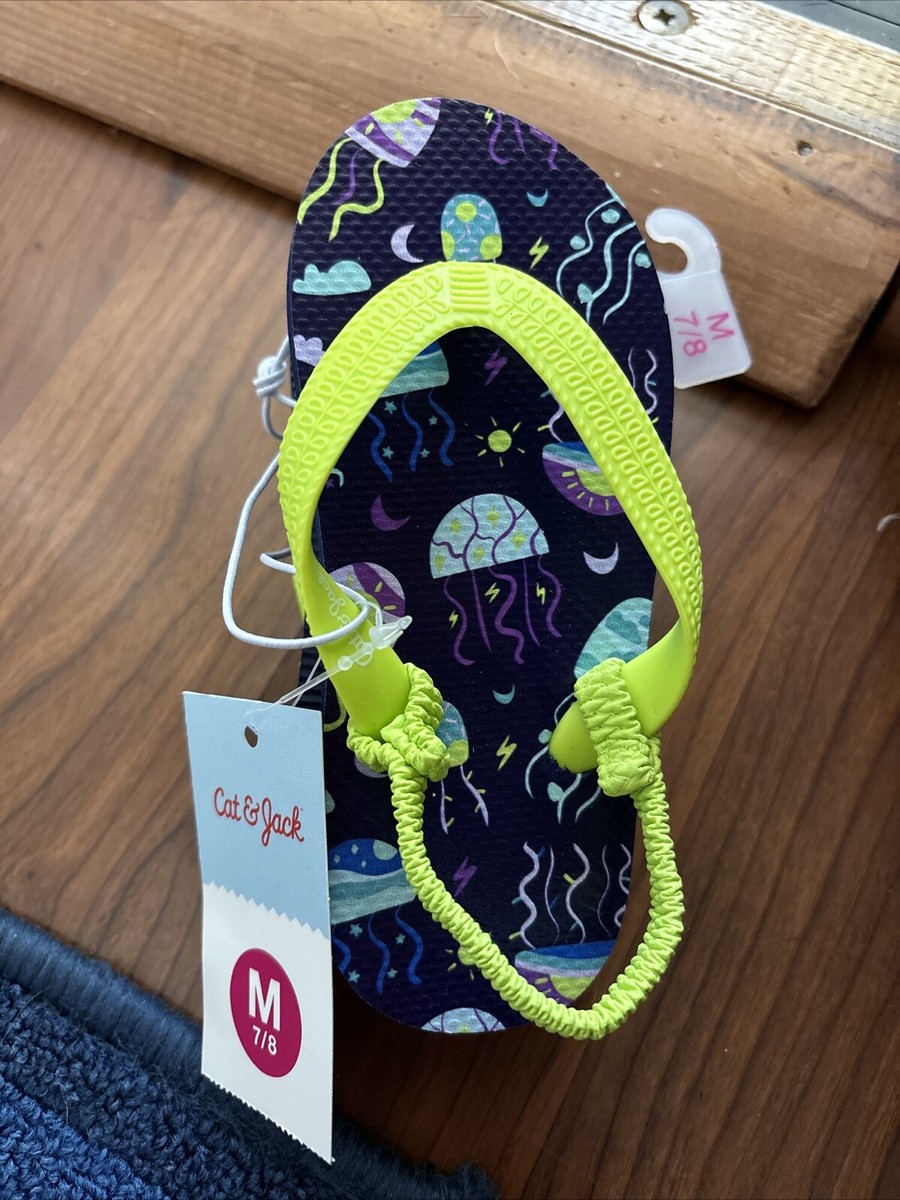 Cat Jack Toddler Boys Flip Flops w/Strap Sz M 7/8 Blue Green Jellyfish  Design