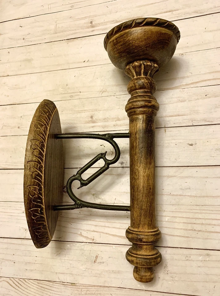 Beautiful Vintage Rustic Wood Metal Farmhouse Mediterranean Candle Wall Sconce - Image 2 of 4