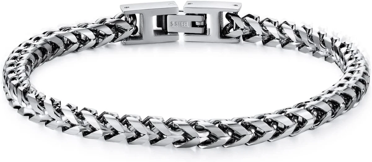 Mens Bracelet Stainless Steel Fold over Clasp Franco Chain