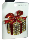 Bowknot Brooch Pin with Gold Bag Box Red Crystal Rhinestone and Enamel