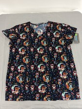 Serene Uniforms Navy Blue Colorful Cats And Moons Scrub Top Size Small